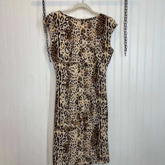 Kate Hill Women’s Leopard Print Ruched Cap Sleeve Mini Sheath Dress Size 4 - Picture 3 of 6